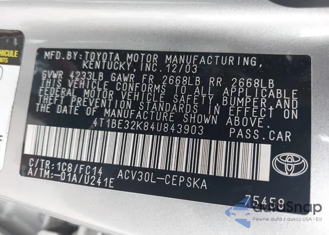 2004 Toyota Camry Se из США, поврежденный, VIN 4T1BE32K84U843903